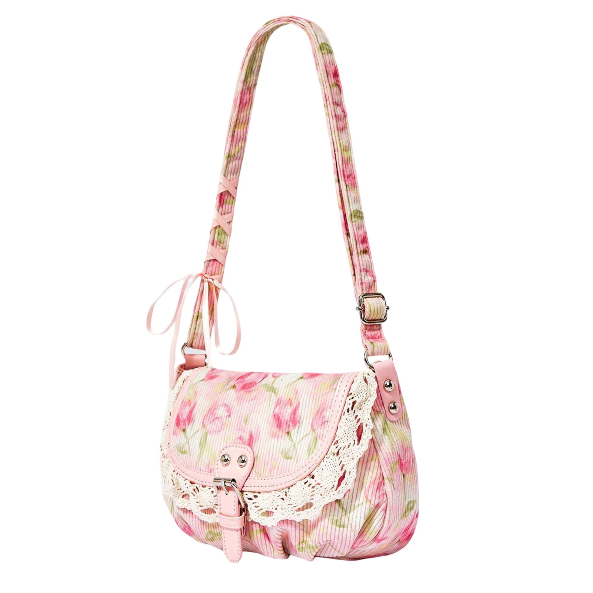 Vintage Lace Crossbody Bag for Women, Adjustable Shoulder Purse with Buckle Flap