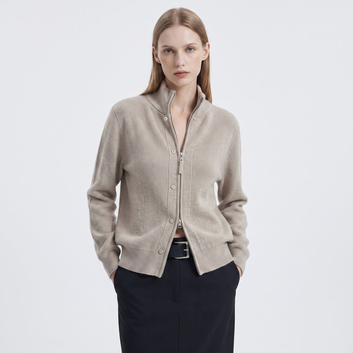Mock Neck Zip-Front Knit Cardigan Sweater