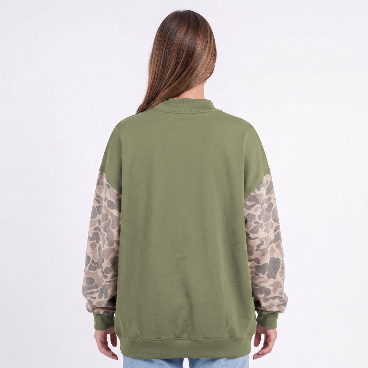 Camo Sleeve Mock Neck Long Sleeve Pullover Sweatshirt