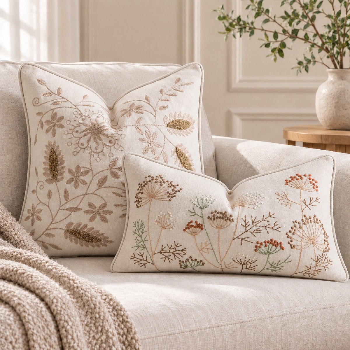2 Pack Embroidered Floral Throw Pillow Covers 18 x 18 and 12 x 20 Inch