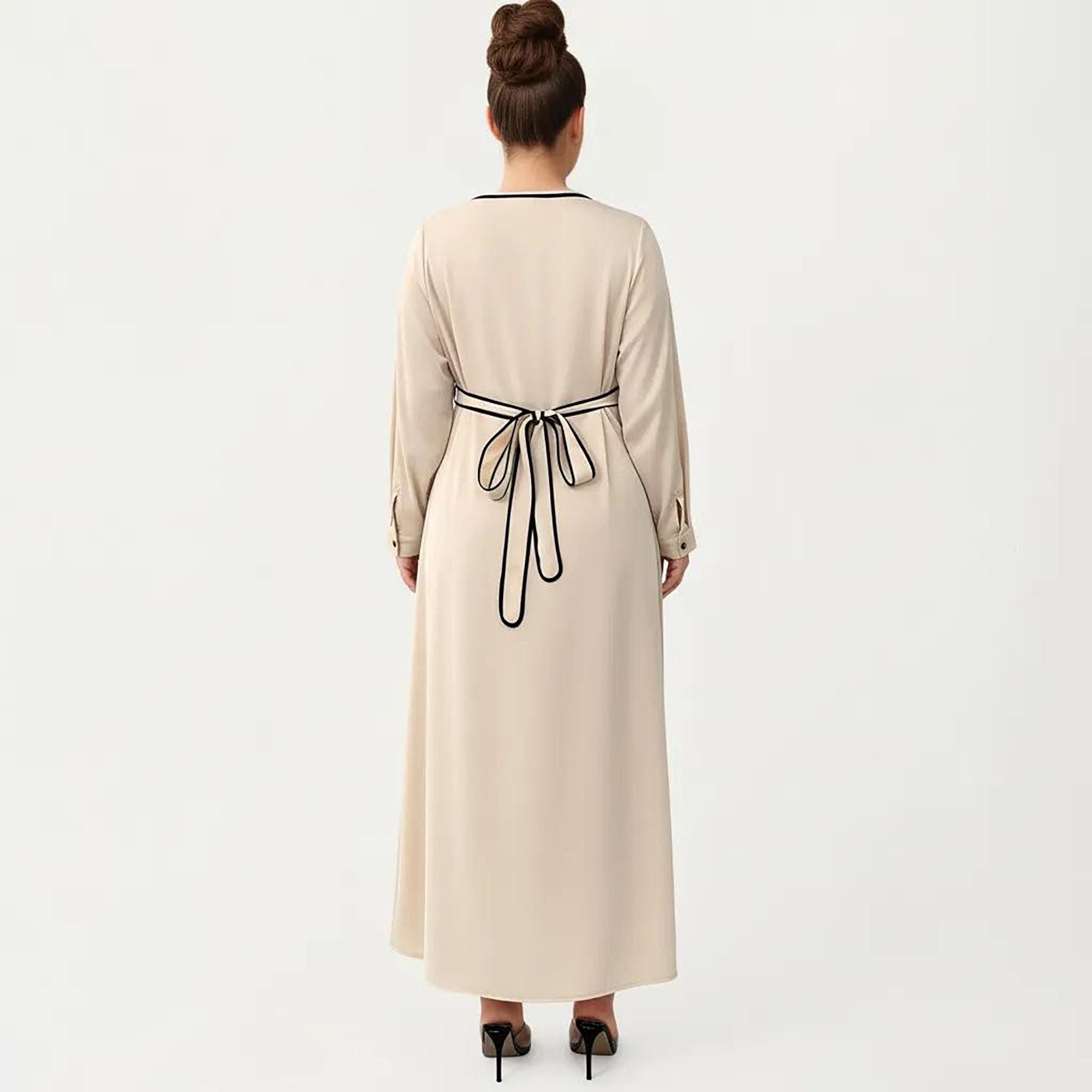 Anna-Kaci Women's Plus Size Long Sleeve Button Front Maxi Dress with V Neckline Contrast Trim and Defined Waist Detail