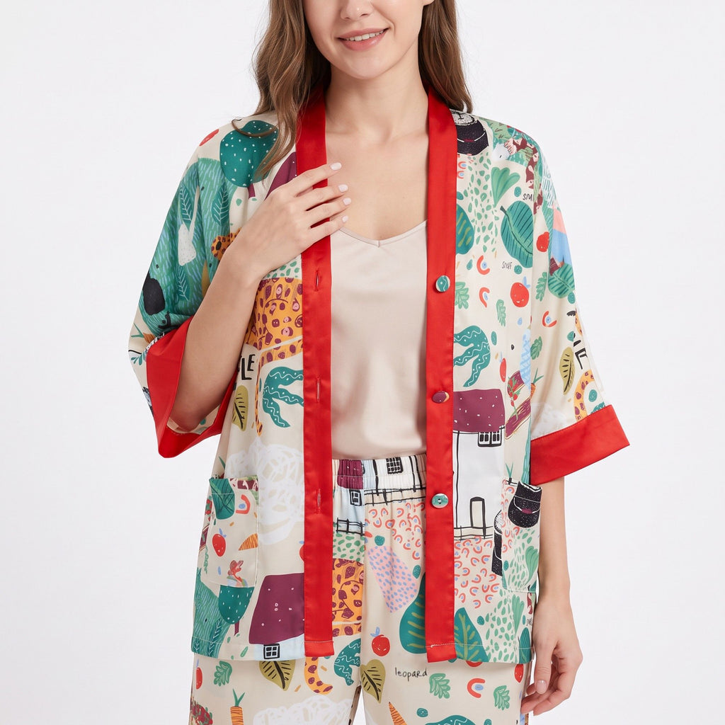 2-Piece Printed Pajama Set Button Front Short Sleeve Sleep Shirt and Long Pants