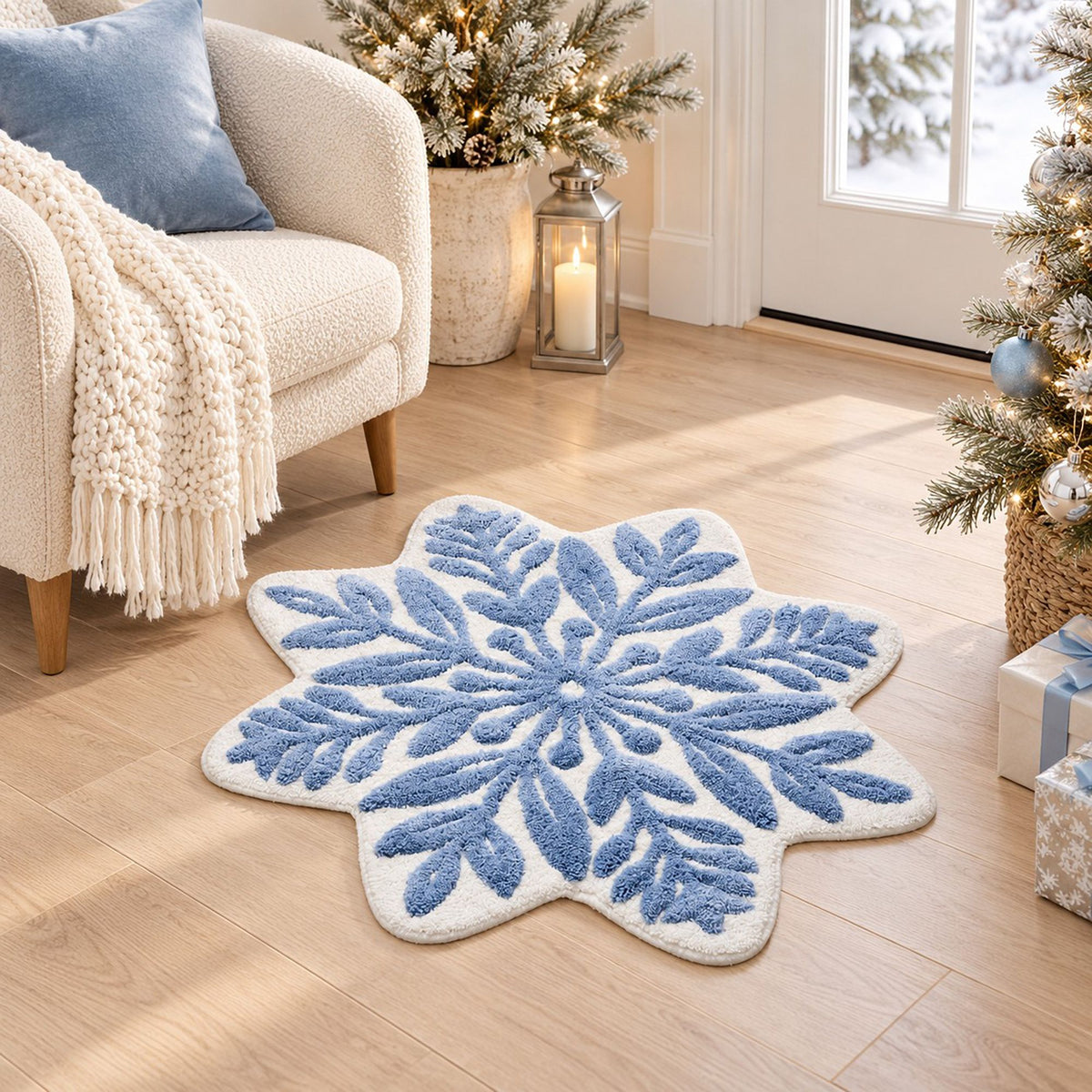Christmas Snowflake and Wreath Tufted Bath Rug with Nonslip Backing 23.6 in