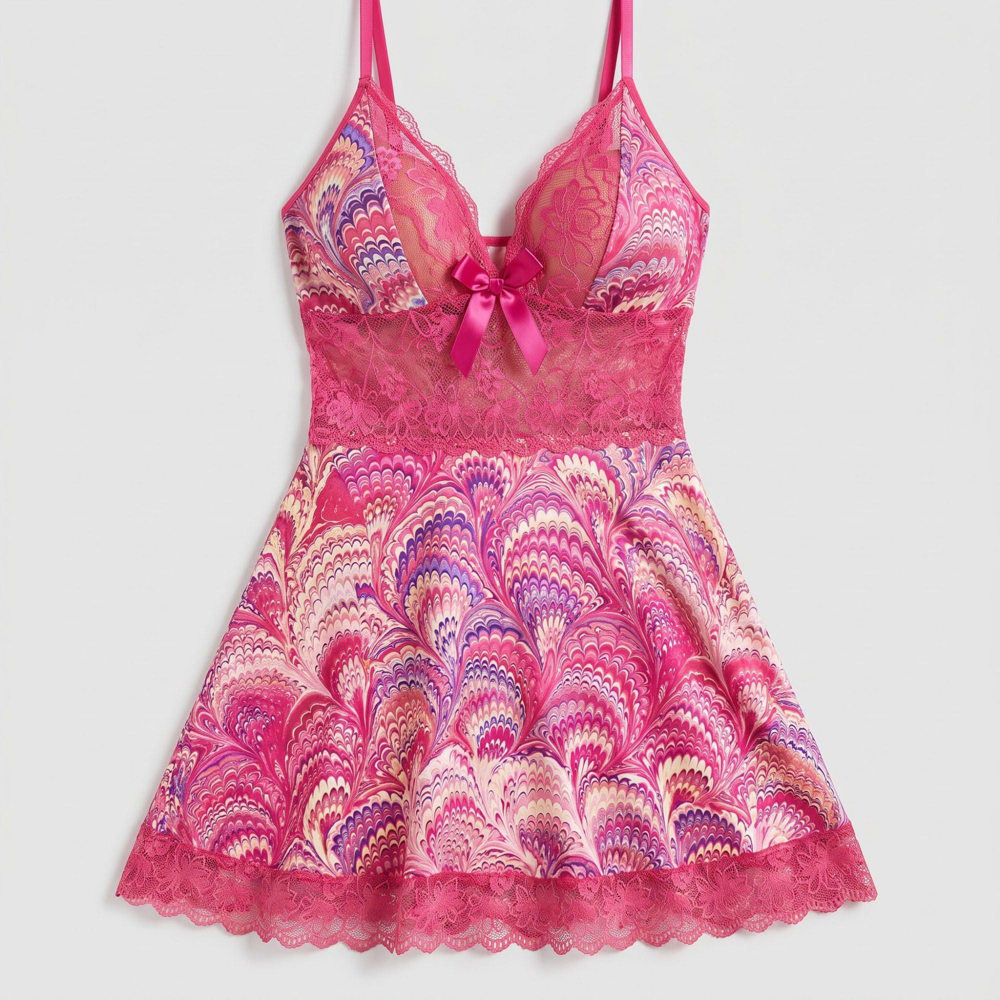 Printed Lace Trim Chemise Nightgown