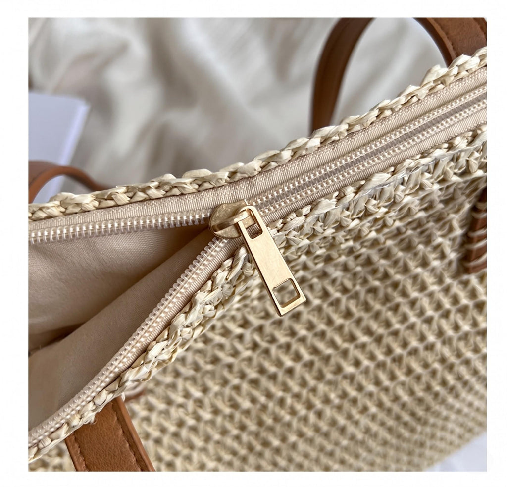 Woven Straw Tote Bag with Leather Shoulder Straps Lightweight Crochet Knit Large Capacity Bag