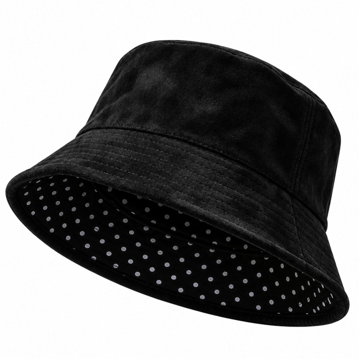 Faux Suede Bucket Hat with Polka Dot Lining