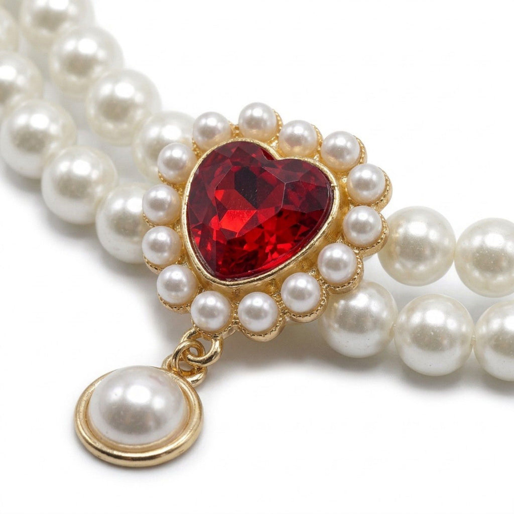 Double Strand Faux Pearl Pet Necklace Heart Gem Pendant Adjustable Collar Jewelry for Cats and Small Dogs