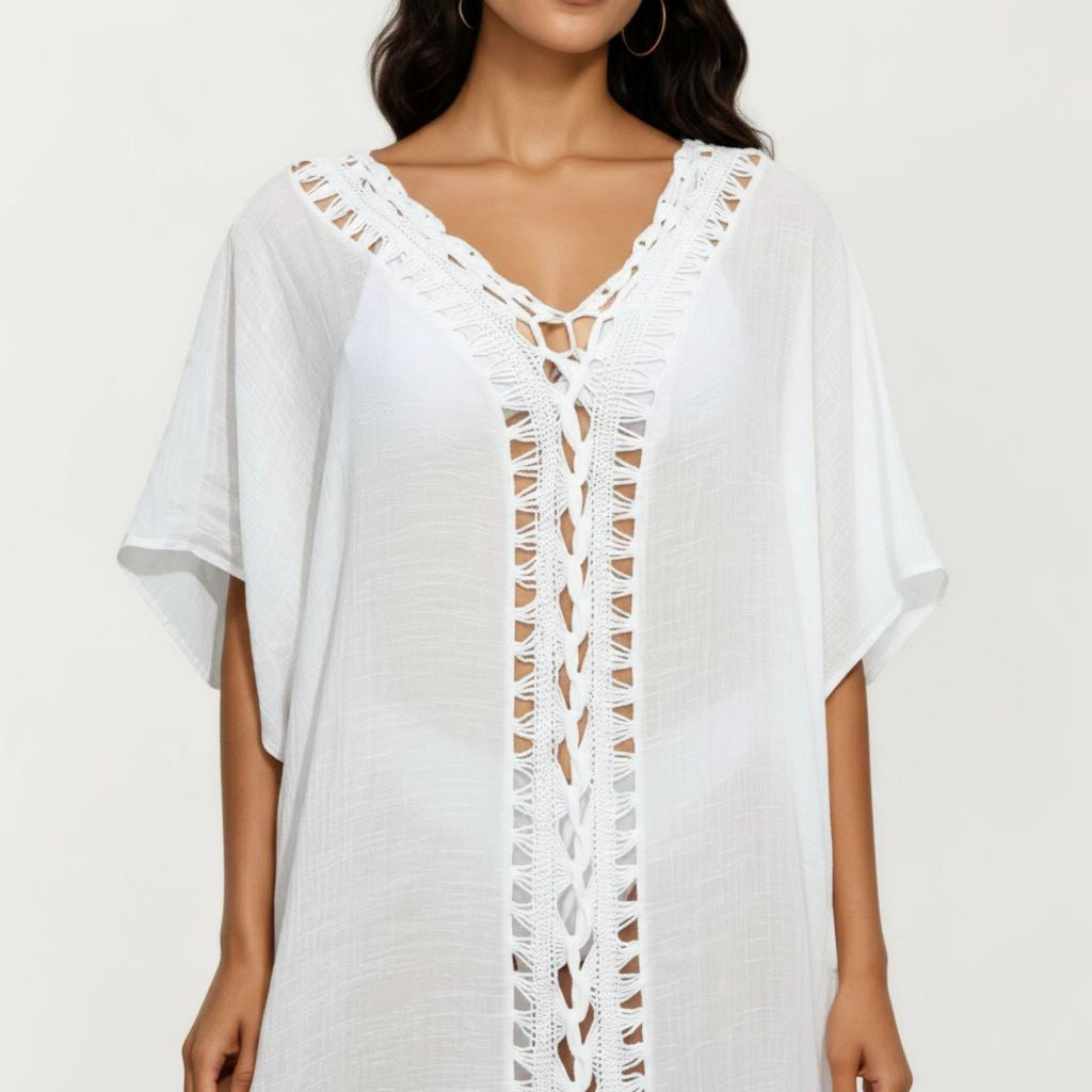 Anna-Kaci Women's Crochet Trim Swim Cover Up Dress Loose Short Sleeve Lightweight Beach Kaftan