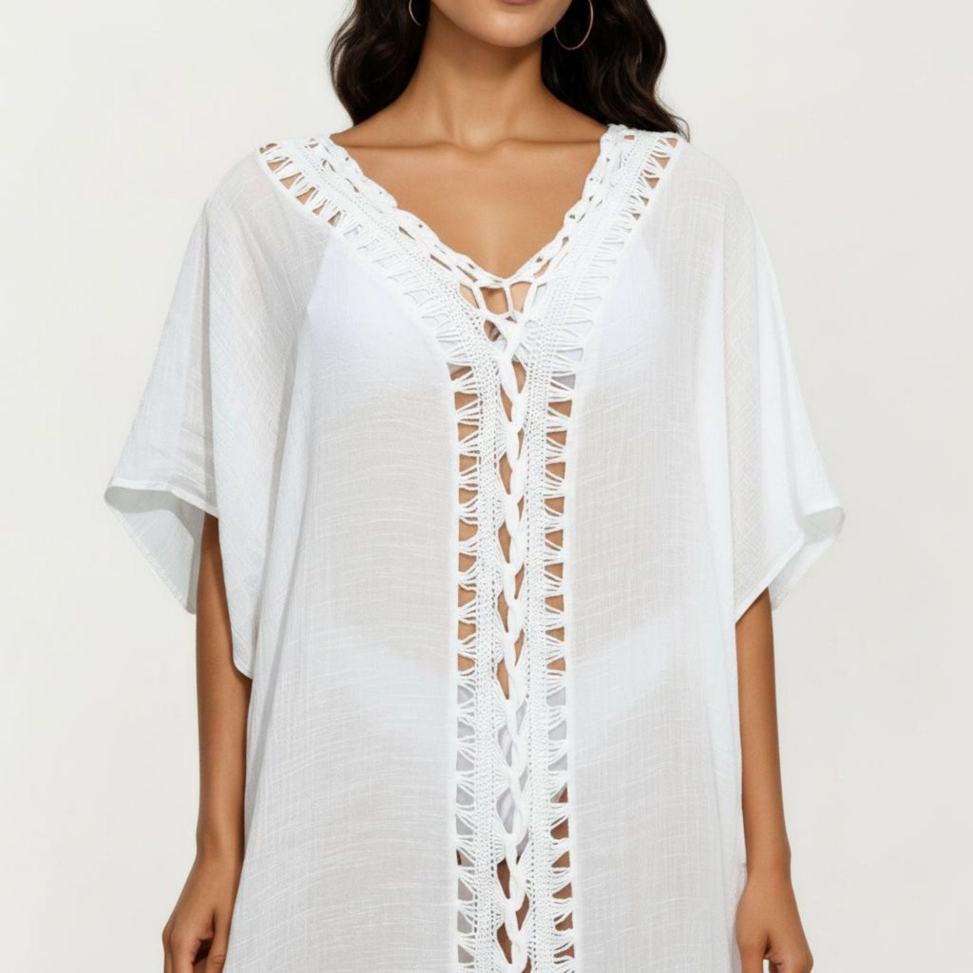 Anna-Kaci Women's Crochet Trim Swim Cover Up Dress Loose Short Sleeve Lightweight Beach Kaftan