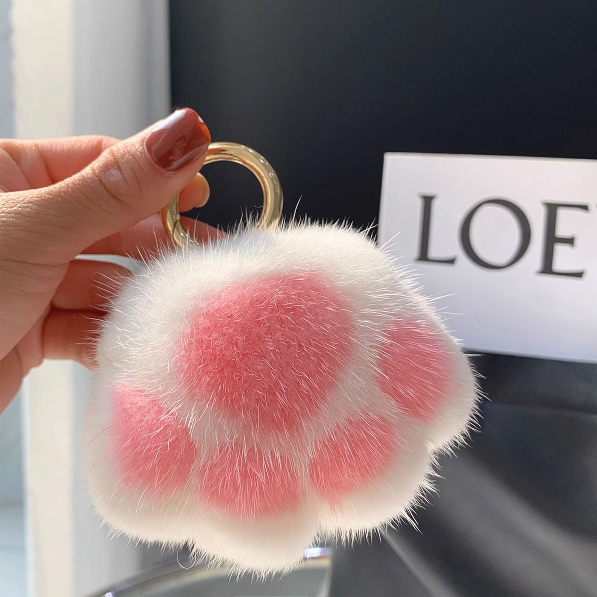 2-PC Plush Paw Print Faux Fur Keychain with Metal Clip