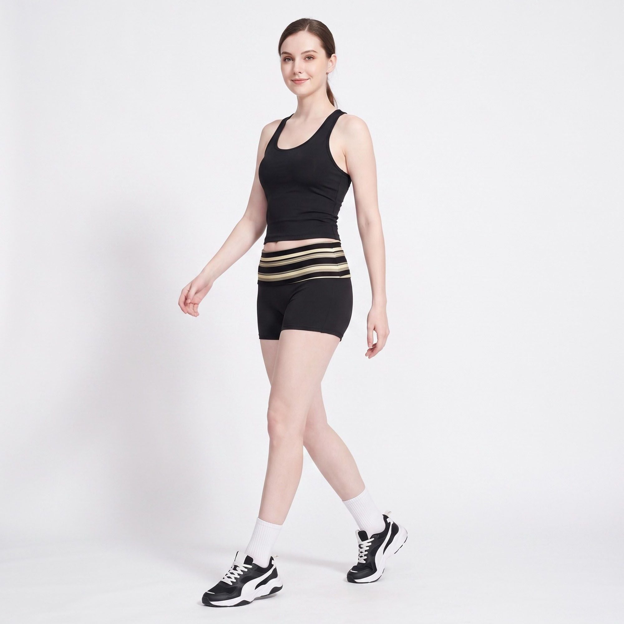 Striped Foldover Waist Fitted Athletic Shorts for Workouts Running and Everyday Activewear