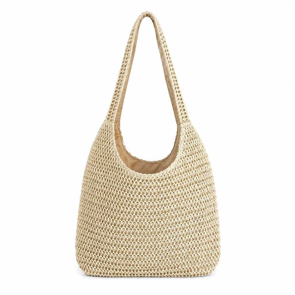 Woven Straw Tote Bag Large Capacity Zip Top Shoulder Carryall with Interior Pocket