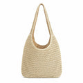 Woven Straw Tote Bag Large Capacity Zip Top Shoulder Carryall with Interior Pocket