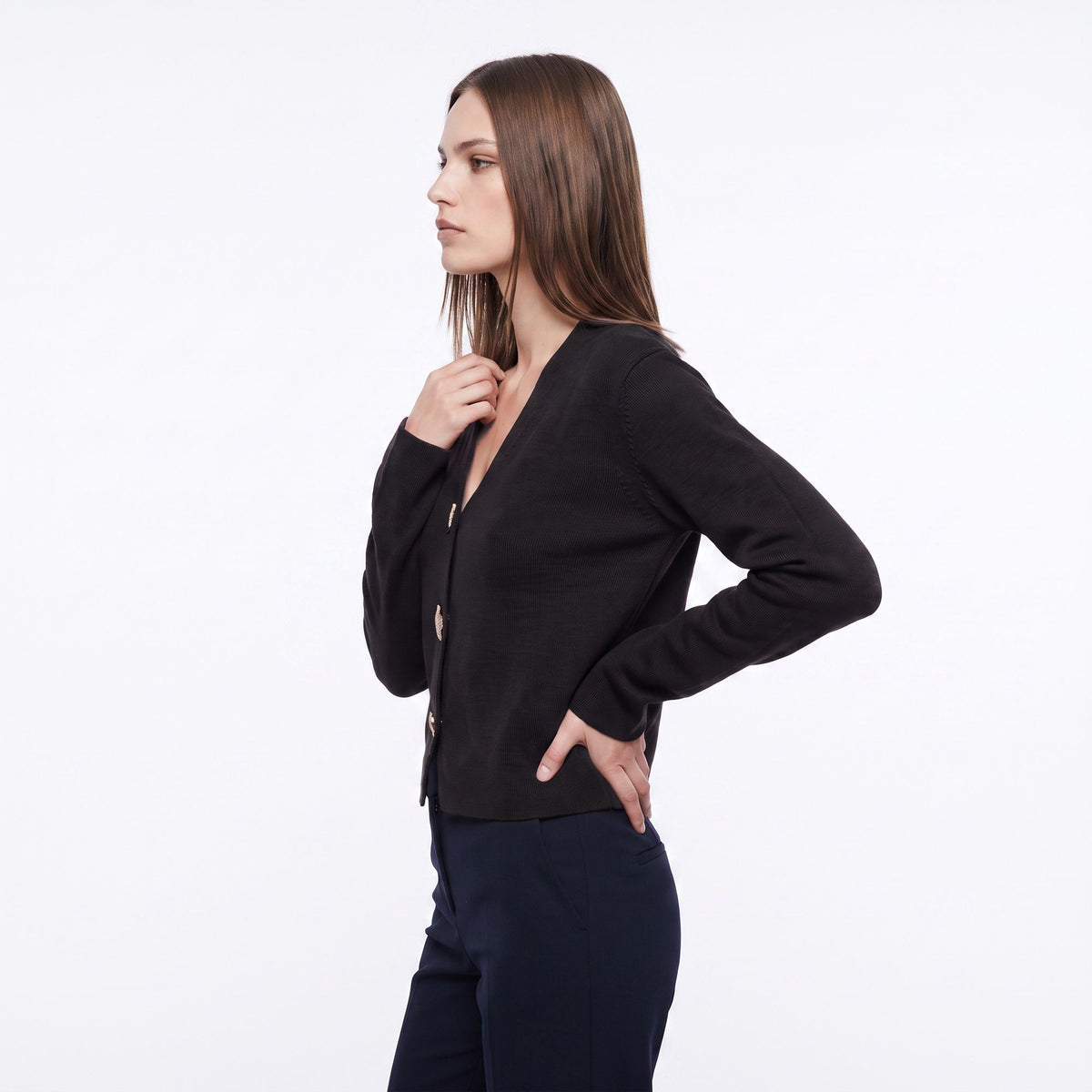 V Neck Decorative Gold Button Knit Cardigan Sweater