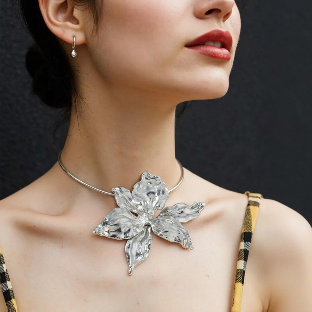 Women's Sculpted Flower Pendant Necklace with Smooth Metal Finish Statement Jewelry