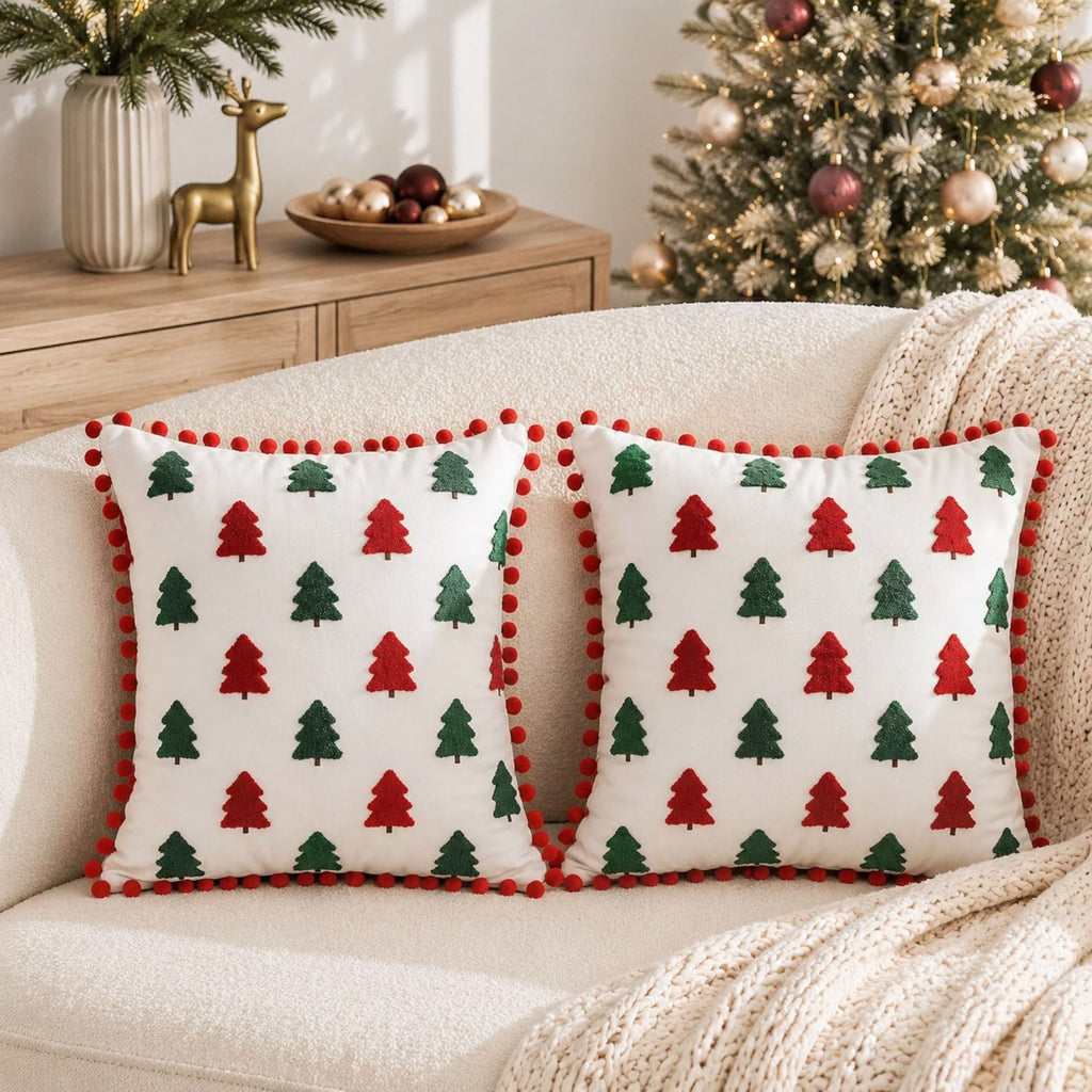 2 Pack Christmas Tree Pom Pom Decorative Throw Pillow Covers