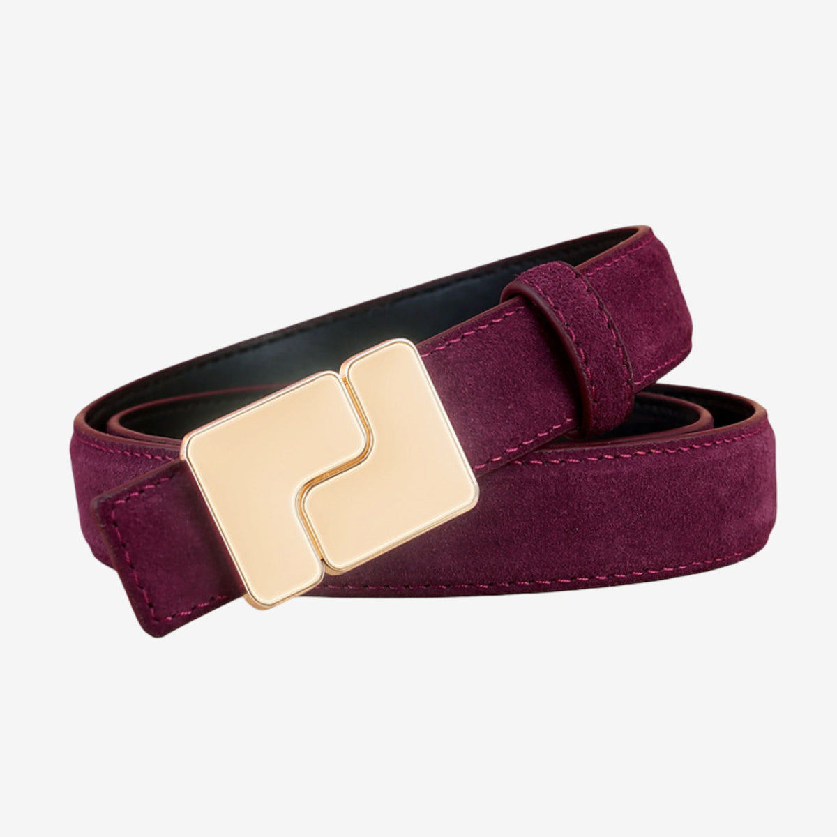 Suede Leather Belt with Geometric Gold Tone Buckle 39.4in