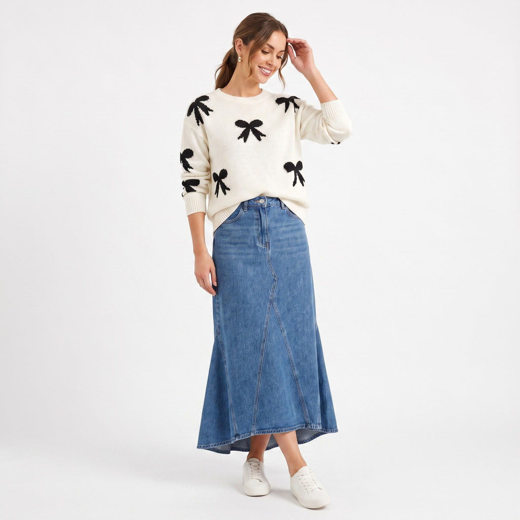 Bow Print Crewneck Long Sleeve Knit Sweater