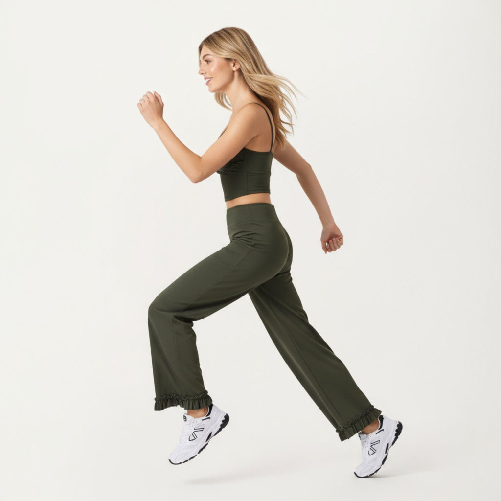 Anna-Kaci Active Women's High Waist Wide Leg Sweatpants with Ruffle Hem Detail