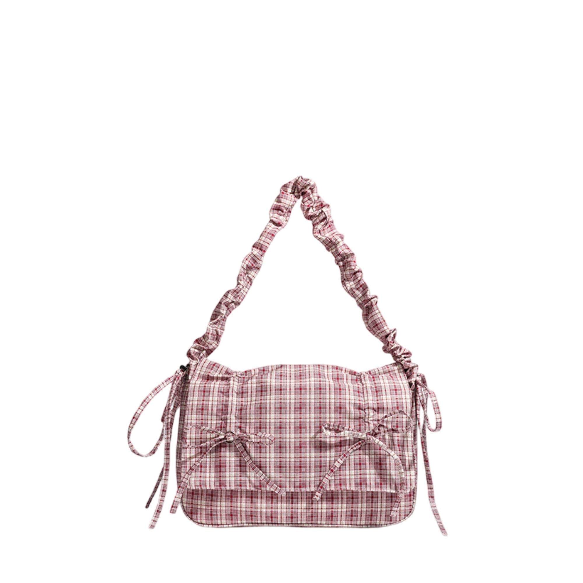 Plaid Shoulder Bag with Ruched Strap and Bow Detail