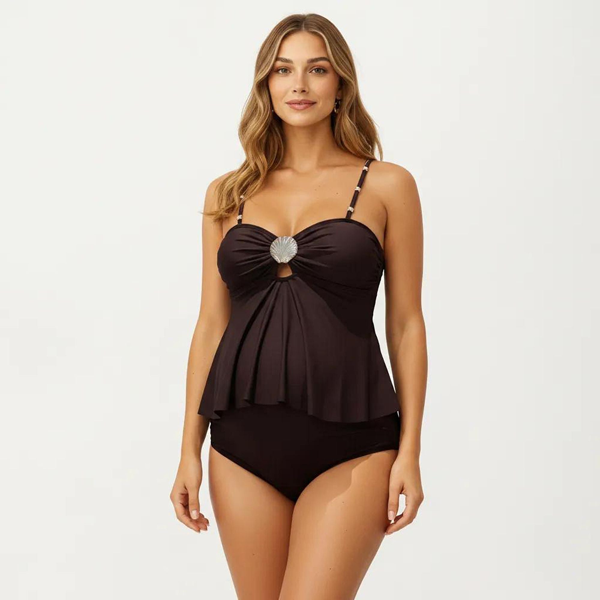 Anna-Kaci Swim Women's Maternity Tankini Swimsuit with Seashell Accent and Adjustable Straps