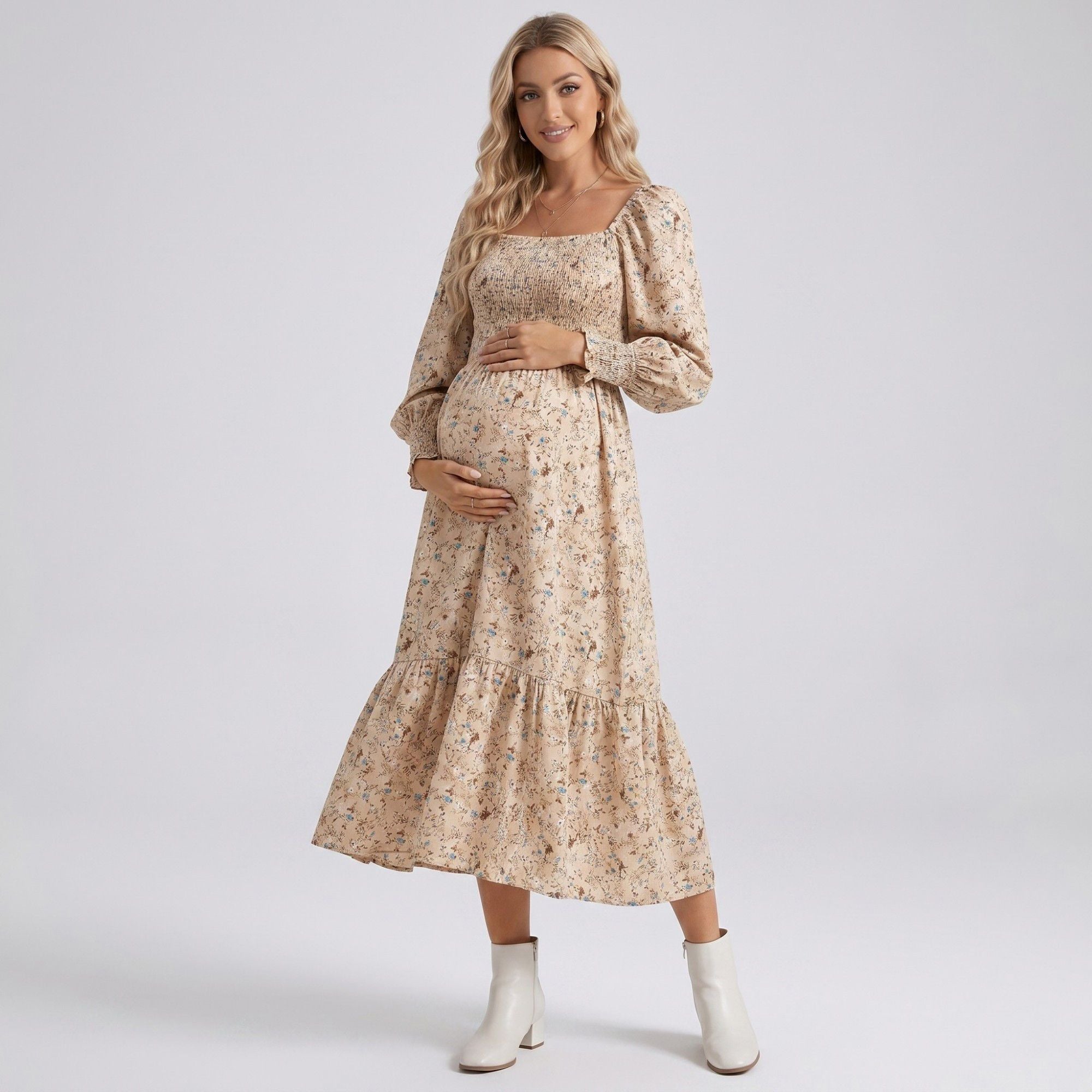 Anna-Kaci Women's Maternity Floral Square Neck Midi Dress with Long Sleeves and Smocked Bodice