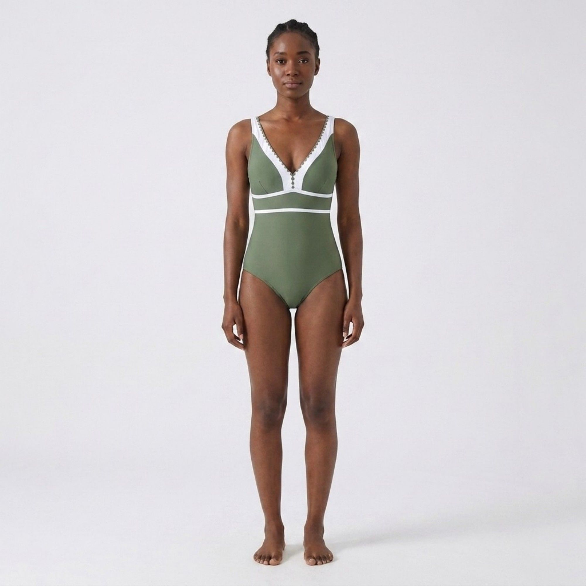 Anna-Kaci Swim Womens One Piece Swimsuit with V Neck Contrast Trim Scallop Detail and Adjustable Crisscross Straps