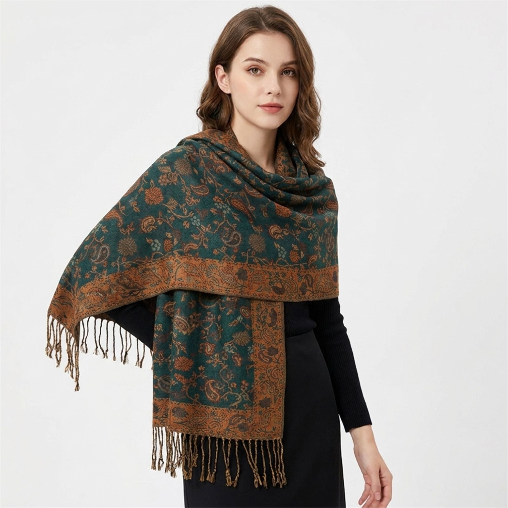 Paisley Scarf with Fringe Trim Soft Wrap Shawl 75*27.5 Inches