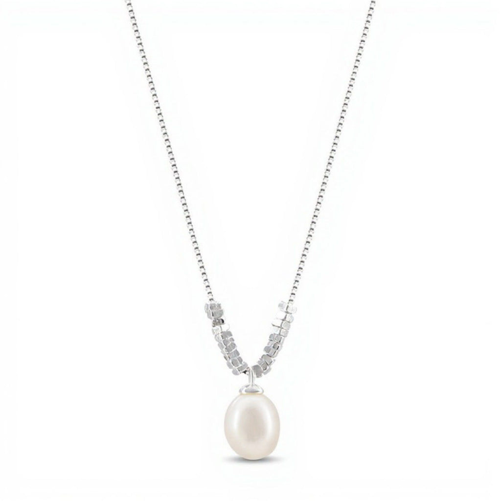Women's Elegant Drop Pendant Necklace with Simulated Pearl and Polished Bead Chain