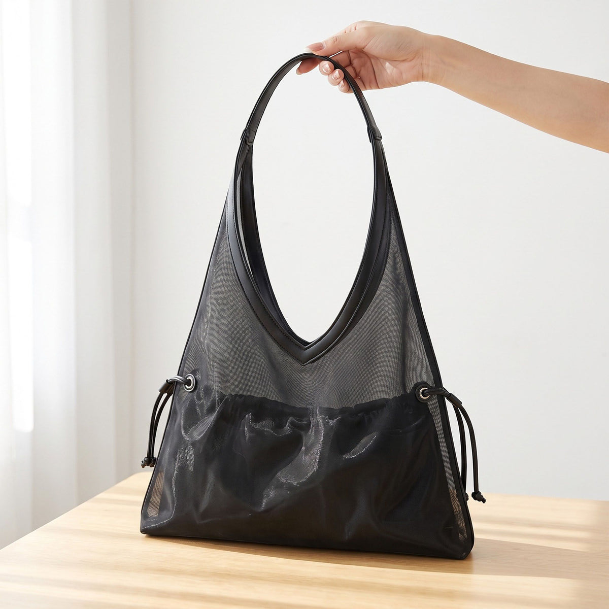Large Mesh Hobo Shoulder Bag with Front Pocket and Drawstring Side Detail