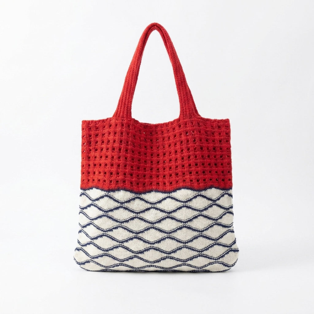 Crochet Knit Tote Bag with Openwork Design and Wave Pattern
