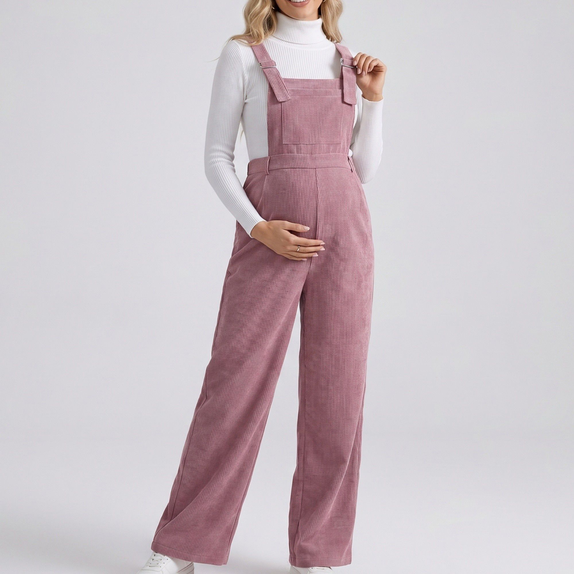 Anna-Kaci Women's Maternity Corduroy Overall Jumpsuit with Adjustable Straps and Wide Leg Fit