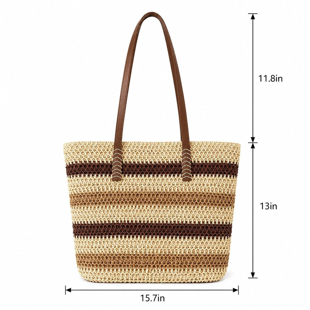 Coastal Stripe Woven Tote Bag with Zip Top Shoulder Handles and Slip Pocket