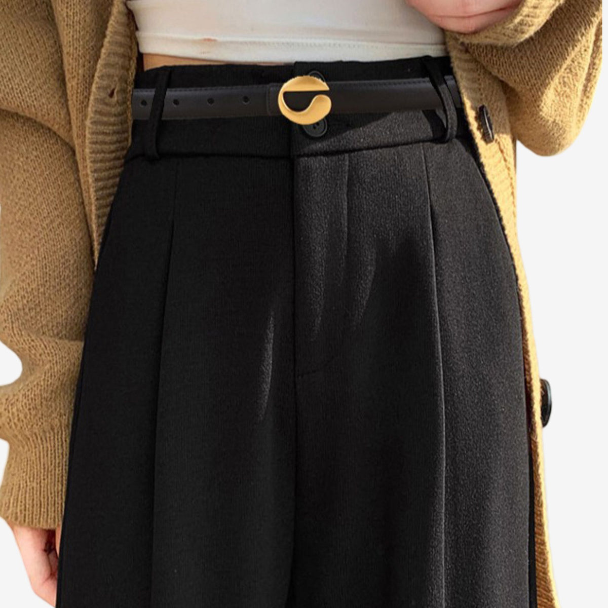 Genuine Cowhide Leather Belt with Round Gold Tone Buckle 39.4in