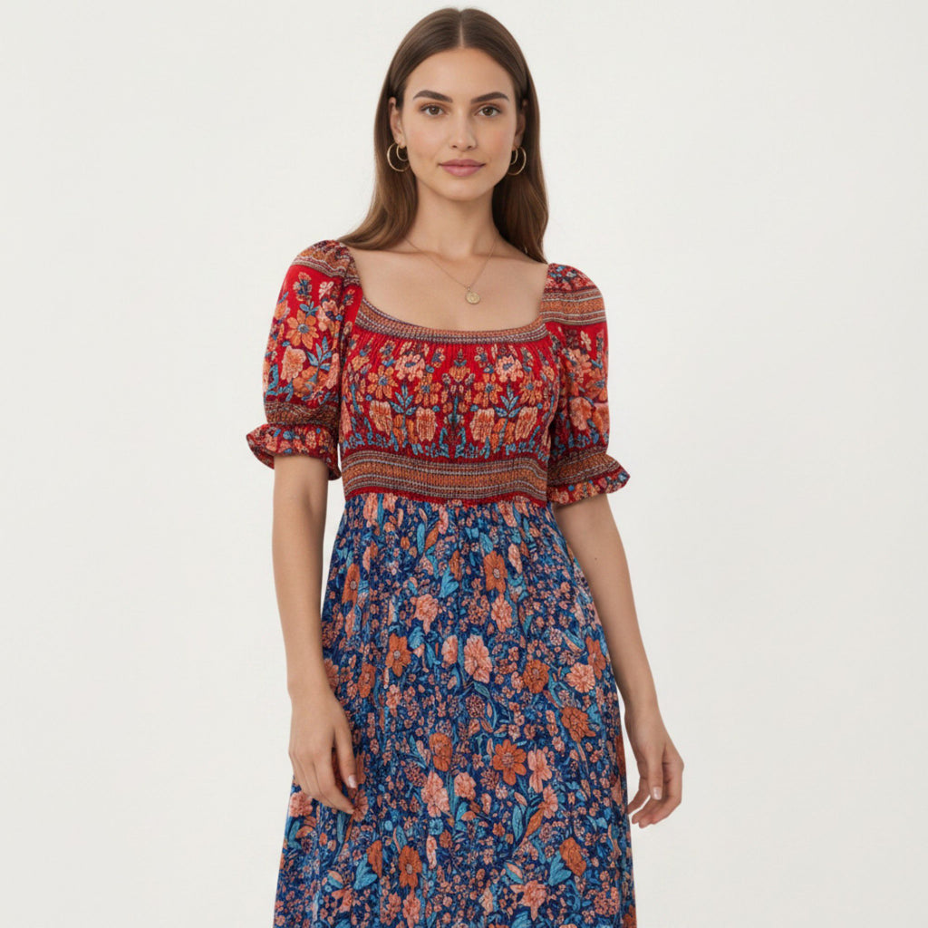Anna-Kaci Women's Puff Sleeve Maxi Dress with Mixed Floral Print and Border Hem