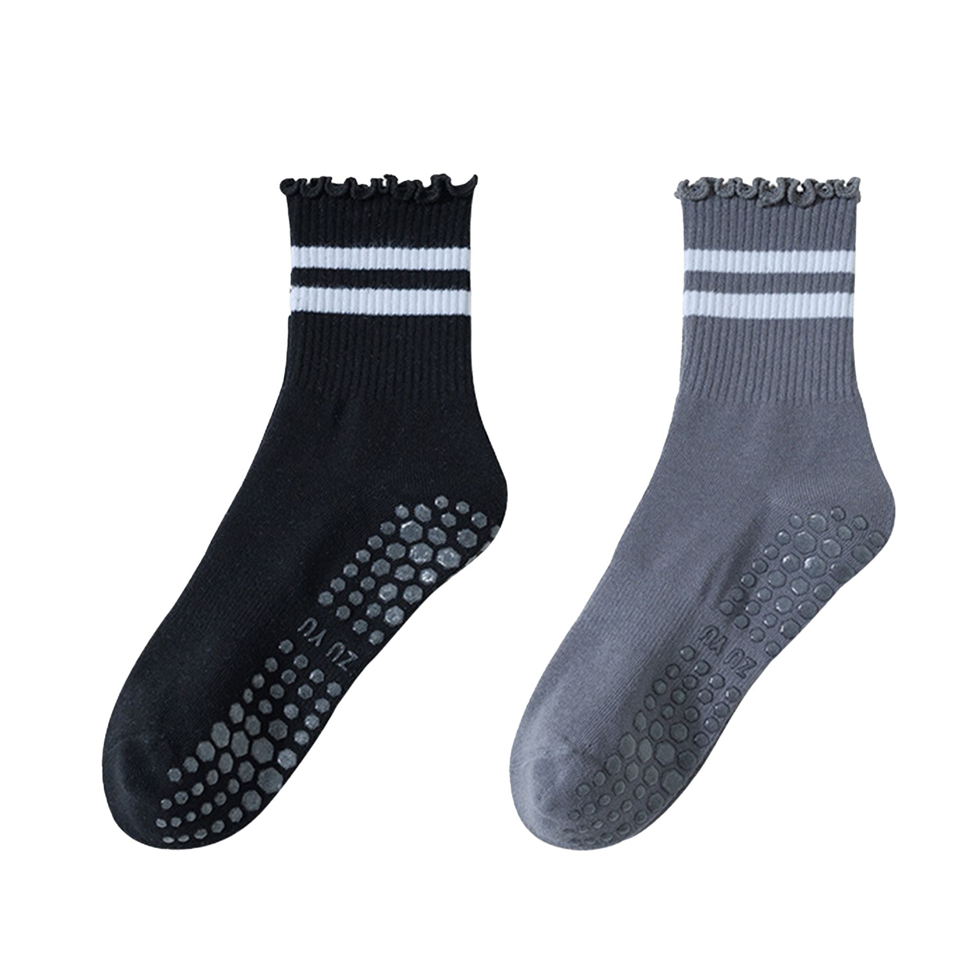 Anna-Kaci Women's 2-Pack Non-Slip Athletic Crew Socks with Ruffle Cuff and Stripe Detail Soft Stretch Fit