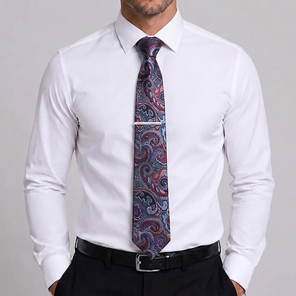 Men's Paisley Pattern Tie Gift Set with Matching Pocket Square Cufflinks and Silver Tie Clip