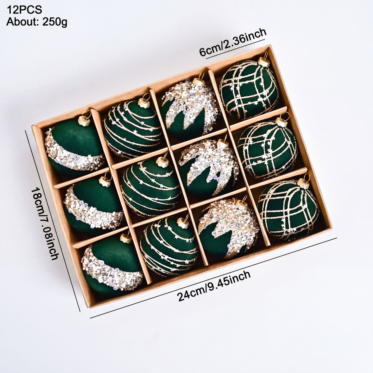 12ct Flocked Christmas Ball Ornament Set with Glitter Beaded Holiday Tree Decorations