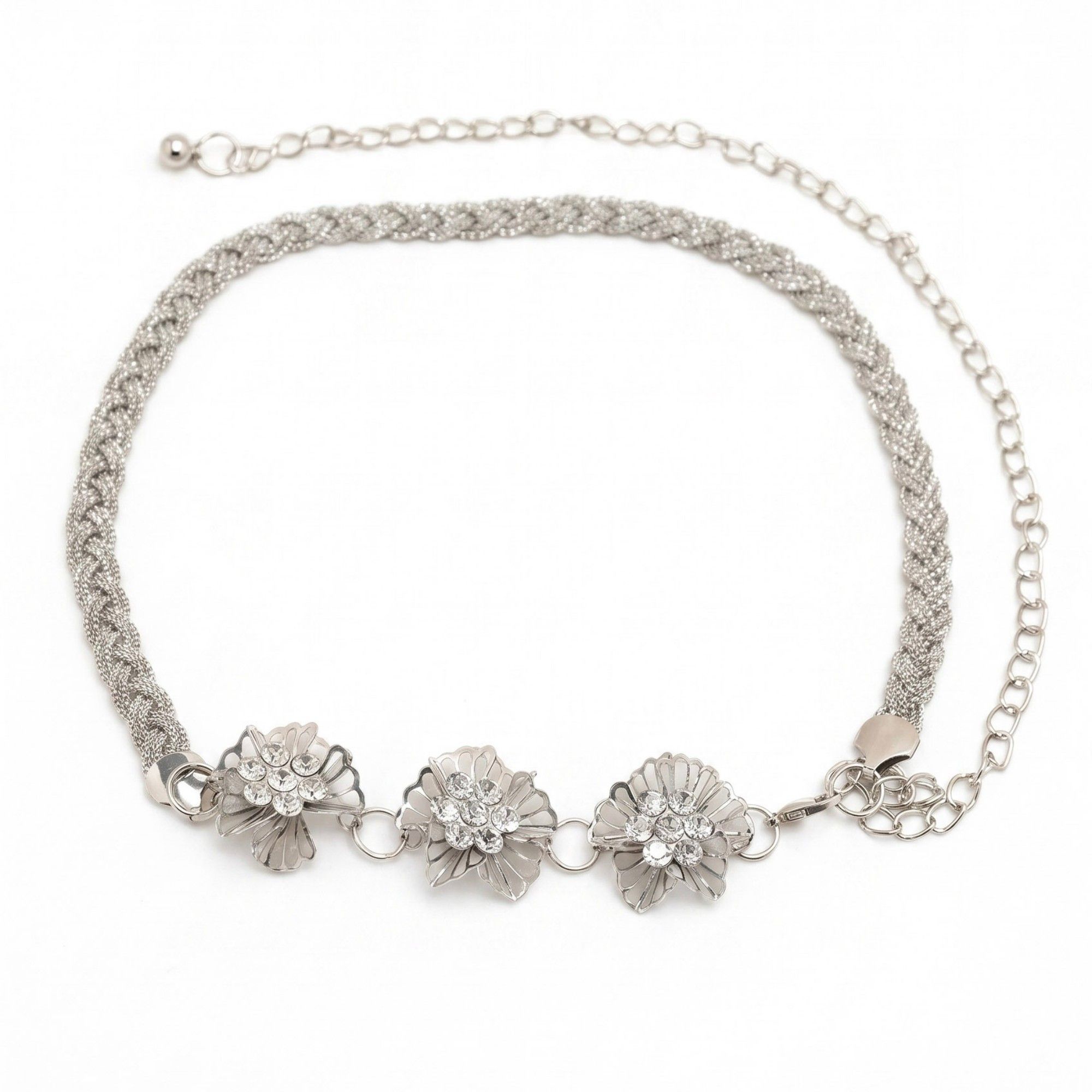 Triple Floral Braided Metal Waist Belt Adjustable Vintage Floral Statement Waist Jewelry 43.3in