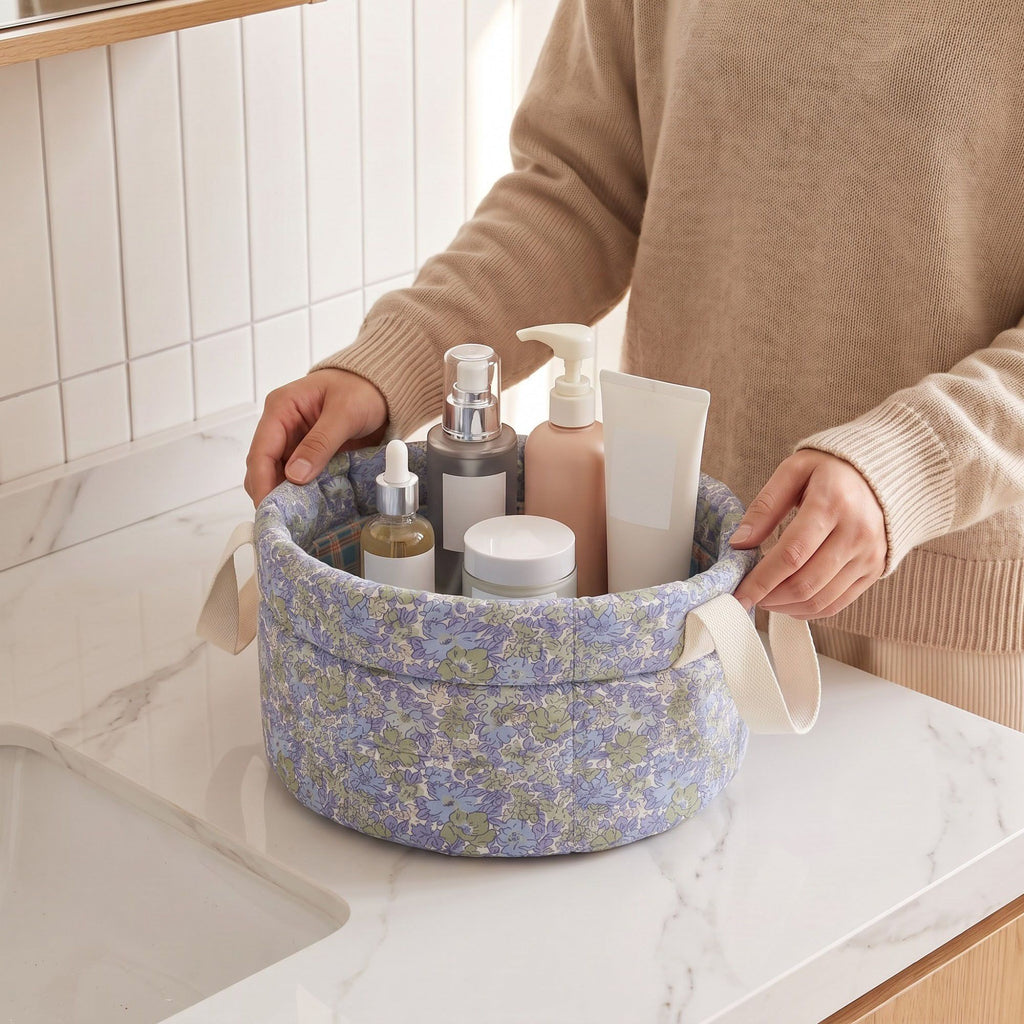 Quilted Floral Storage Basket with Handles for Home Organization