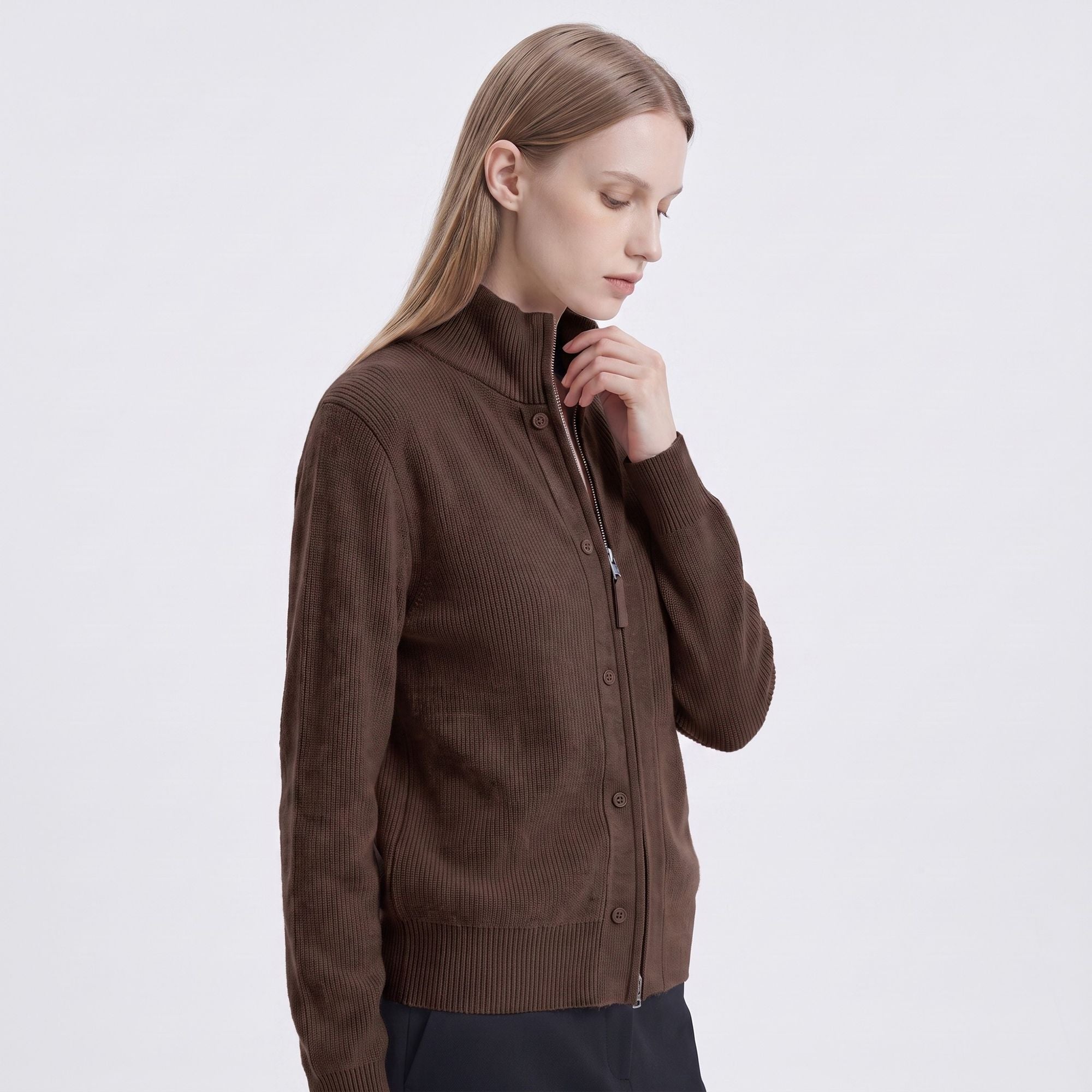 Mock Neck Zip-Front Knit Cardigan Sweater