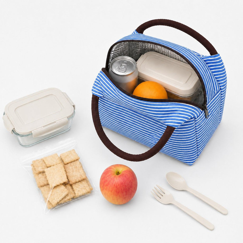 Insulated Striped Lunch Bag Reusable Soft Cooler Tote for Work School Picnic