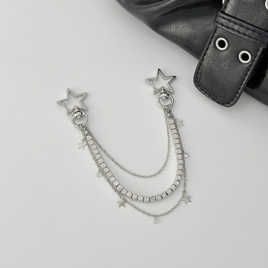 Star Chain Bag Charm with Layered Silver Tone Chains Dual Clips for Jeans Bags and Keys