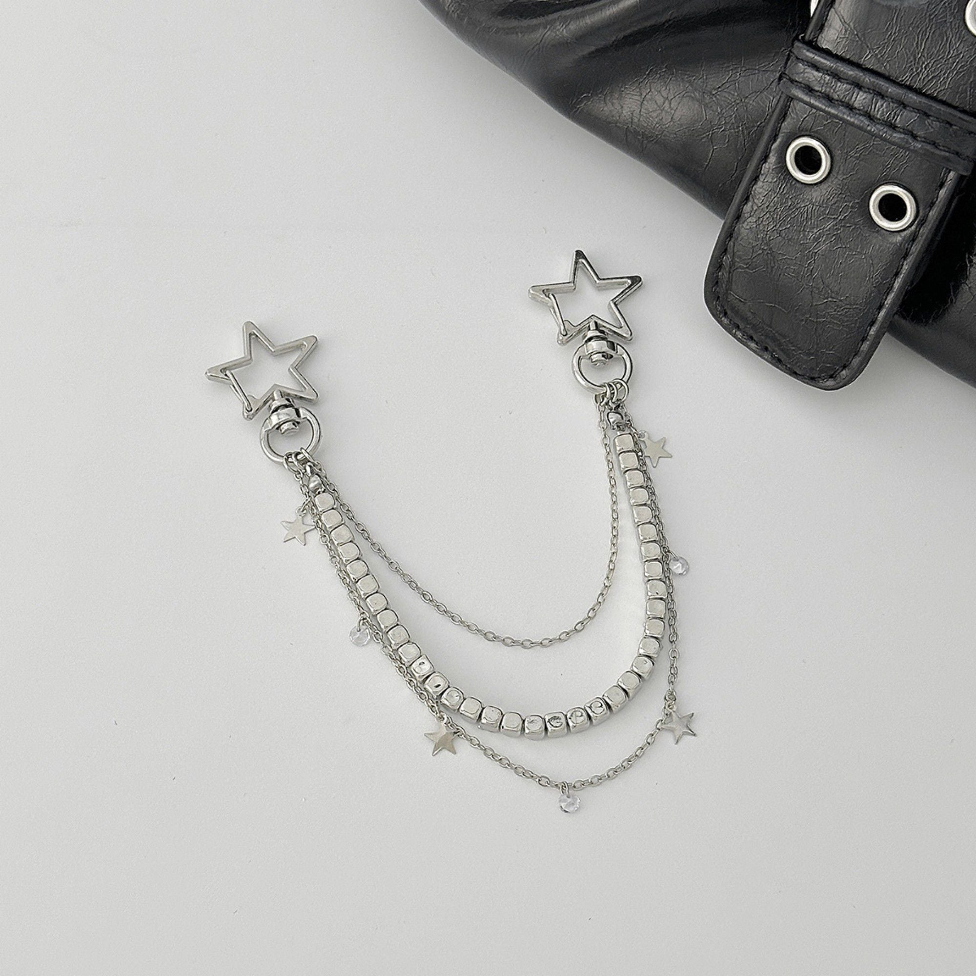 Star Chain Bag Charm with Layered Silver Tone Chains Dual Clips for Jeans Bags and Keys
