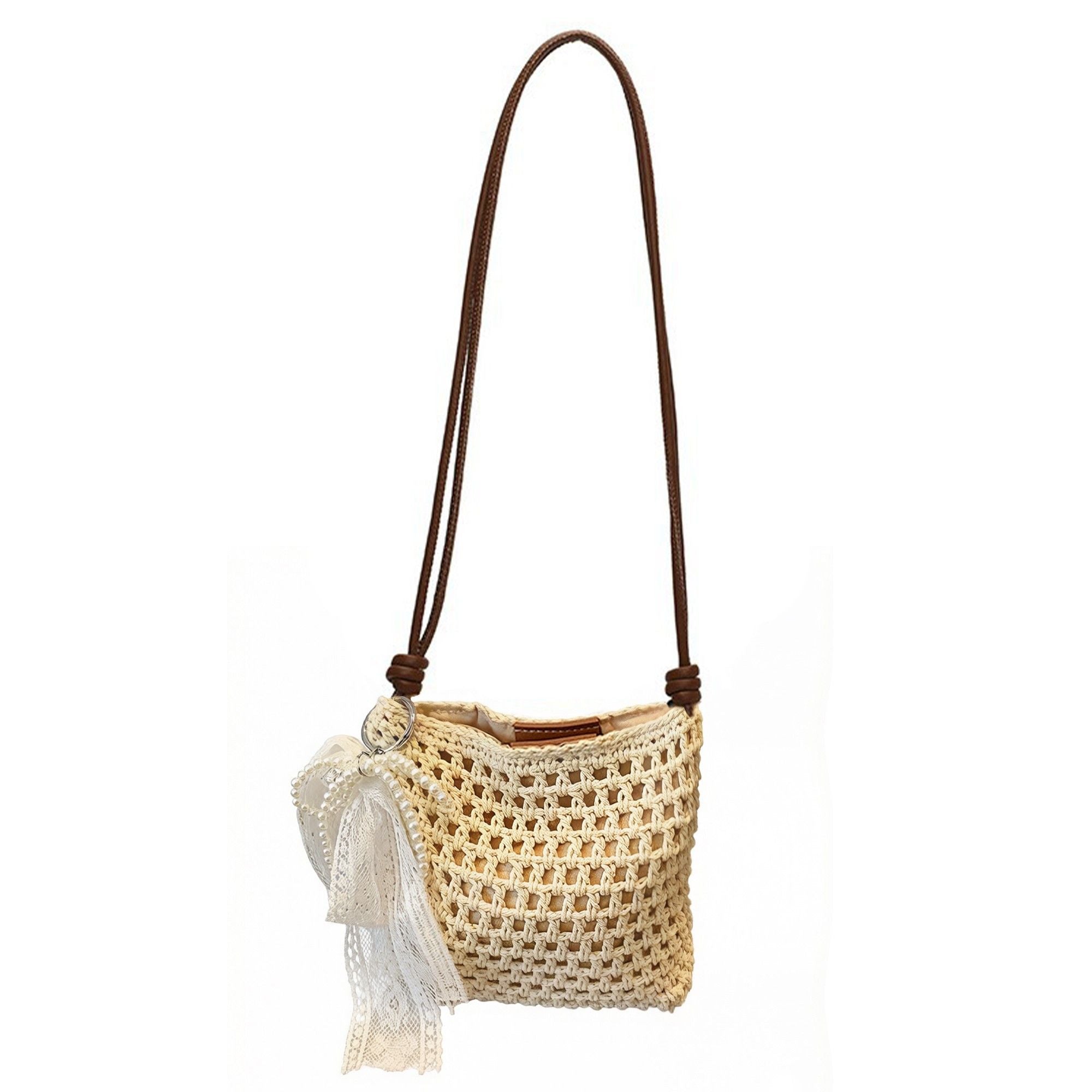 Crochet Crossbody Bag with Lace Bow Detail Lightweight Knit Shoulder Bag Small Casual Handbag