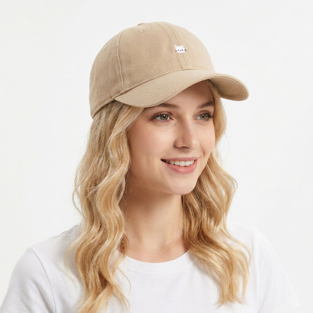 Washed Cotton Baseball Cap Cat Detail Adjustable Dad Hat