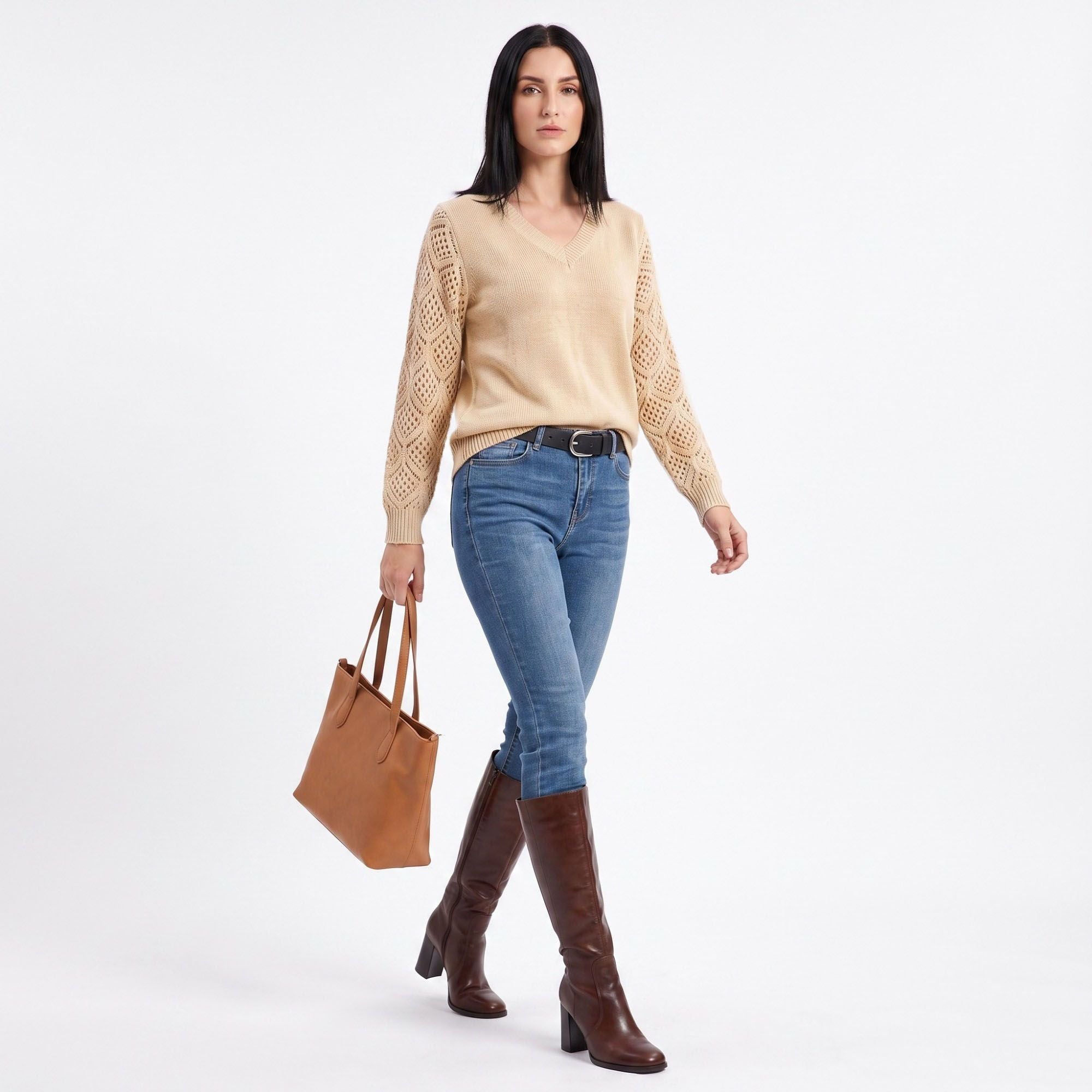 V-Neck Openwork Sleeve Long Sleeve Knit Sweater