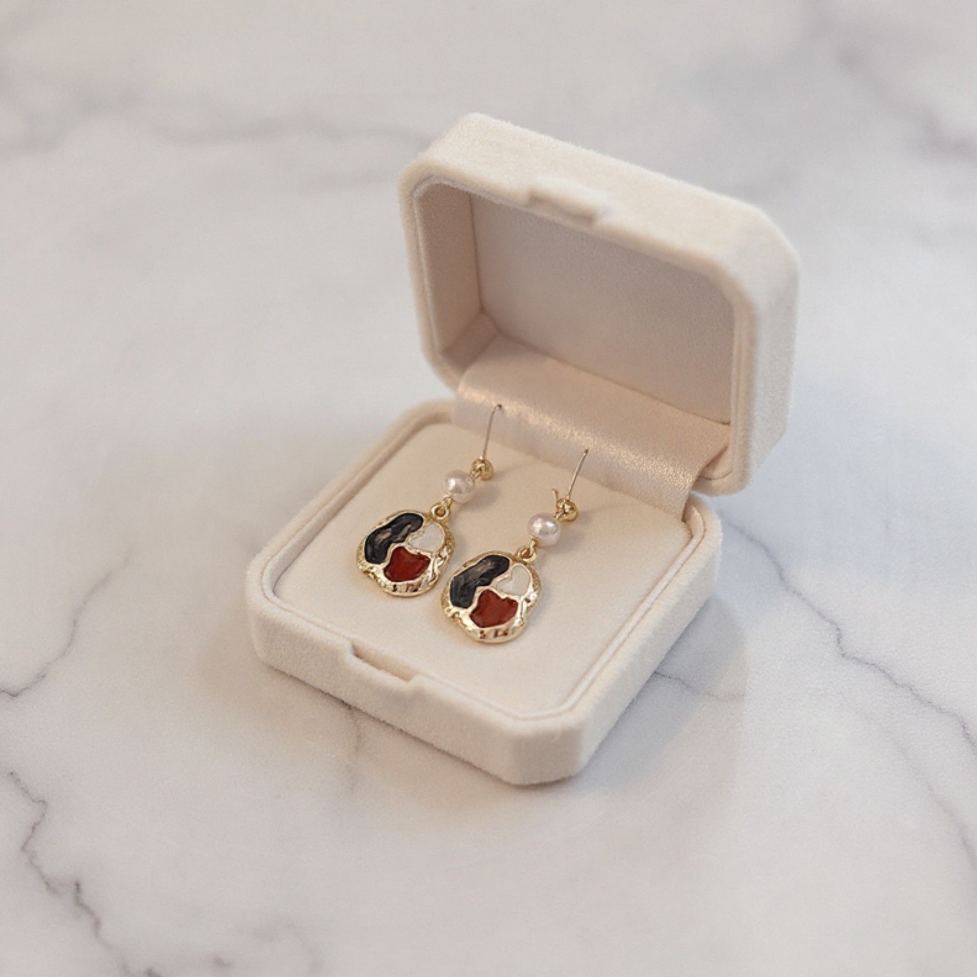 Abstract Enamel Drop Earrings with Textured Metal Frame and Pearl Accent for a Modern Artistic Feminine Statement Accessory