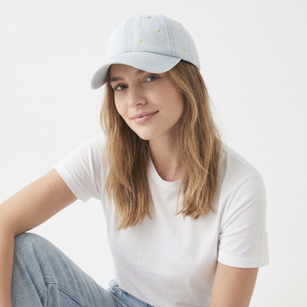 Denim Baseball Cap Daisy Embroidered Adjustable Dad Hat