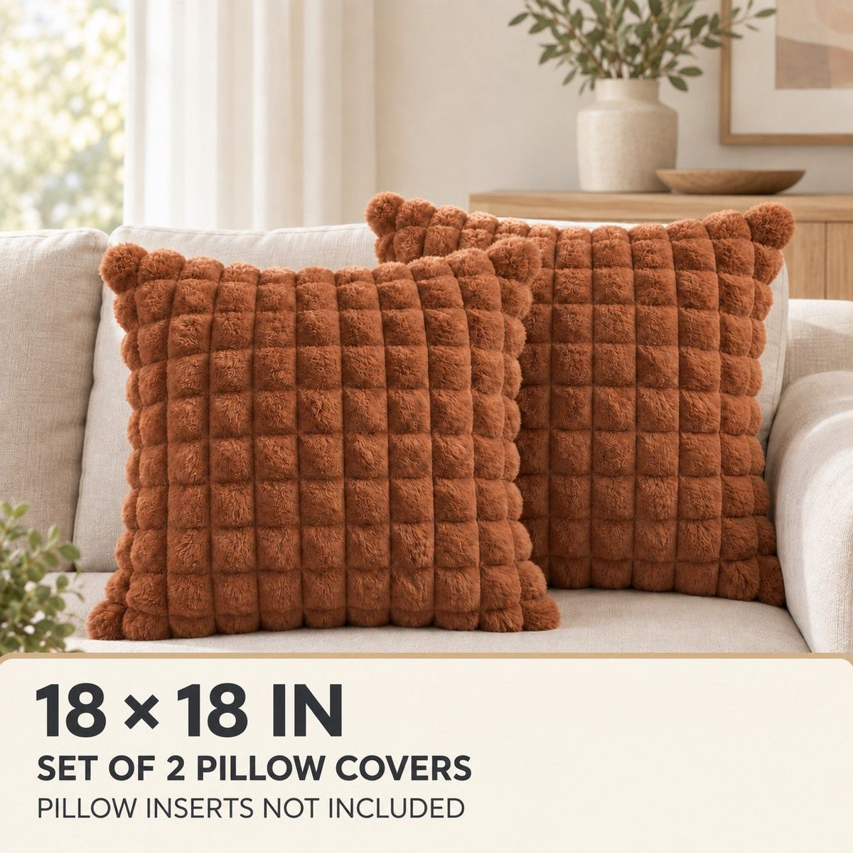 2 Pack Plush Faux Fur Bubble Grid Throw Pillow Covers 18 x 18 Inch for Couch and Bed